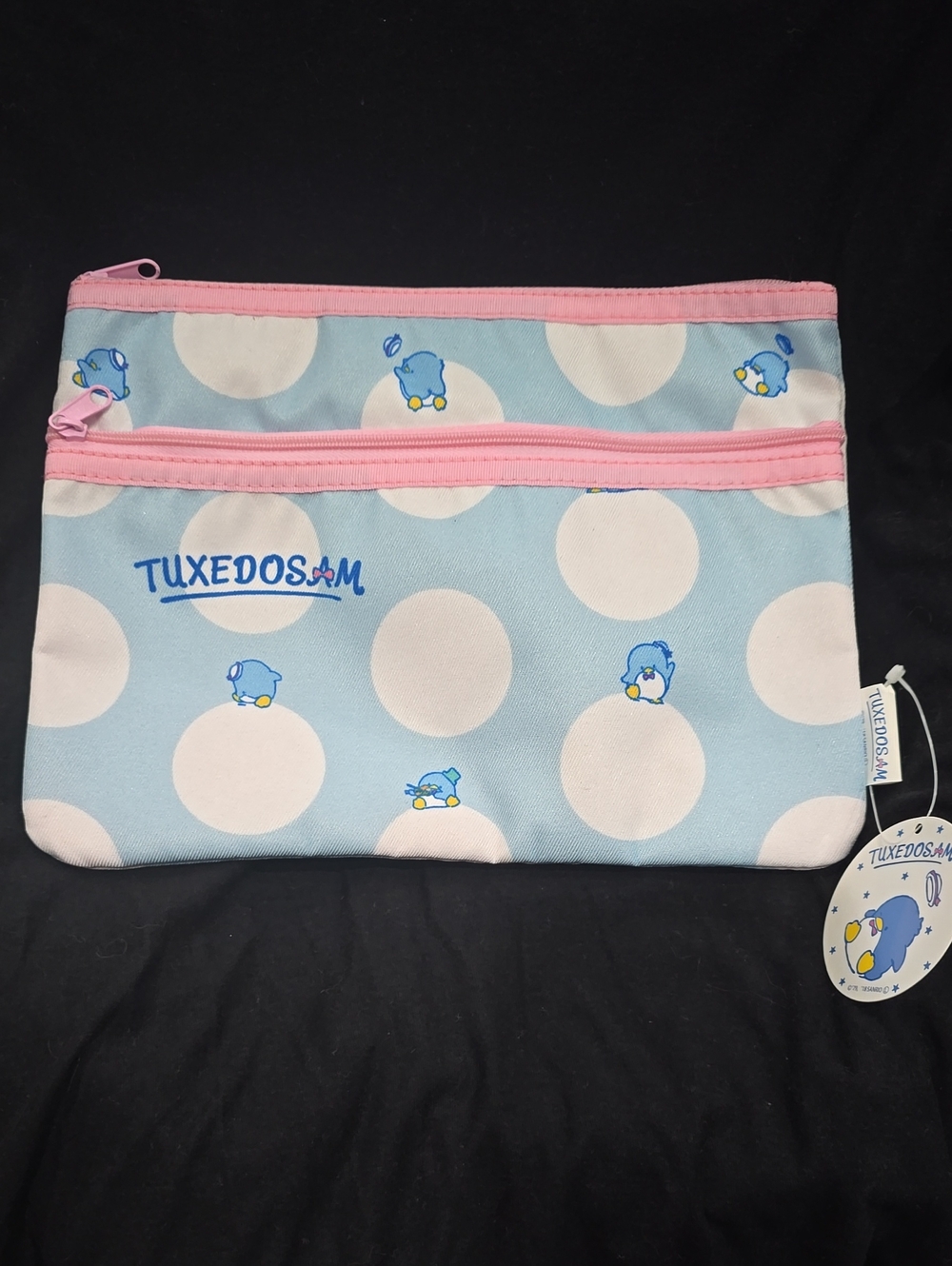 Tuxedosam Blue Polka Dot Zip Pouch with Pink Trim
